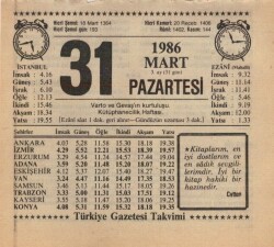 31 Mart 1986 Takvim Yaprağı EFM(N)5941 - 1