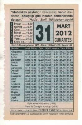 31 Mart 2012 Takvim Yaprağı EFM(N)1901 - 1