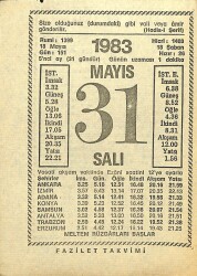 31 Mayıs 1983 Takvim Yaprağı - Doğum Günü Hediyesi EFM(N)12146 - Gökçekoleksiyon
