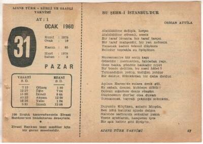 31 Ocak 1960 Ajans Türk Takvim Yaprağı(Şiirli Saatli) EFM(N)1483 - 1