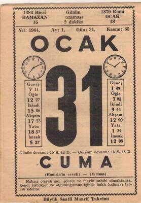 31 Ocak 1964 Takvim Yaprağı EFM(N)4553 - 1