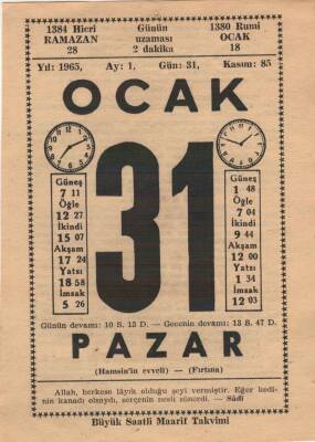 31 Ocak 1965 Takvim Yaprağı EFM(N)4527 - 1