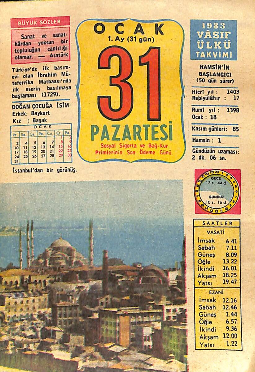 31 Ocak 1983 Takvim Yaprağı - Doğum Günü Hediyesi EFMN15079 - 1