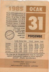 31 Ocak 1985 Takvim Yaprağı EFM(N)4801 - Gökçekoleksiyon