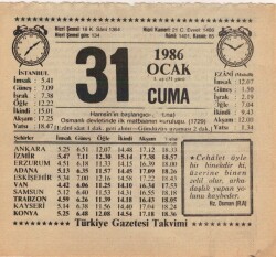 31 Ocak 1986 Takvim Yaprağı EFM(N)5049 - Gökçekoleksiyon