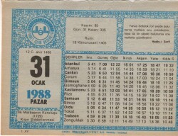 31 Ocak 1988 Takvim Yaprağı EFM(N)4925 - Gökçekoleksiyon