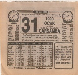 31 Ocak 1990 Takvim Yaprağı EFM(N)4708 - Gökçekoleksiyon