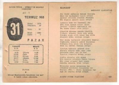 31 Temmuz 1960 Ajans Türk Takvim Yaprağı (Şiirli Saatli) EFM(N) 1678 - 1