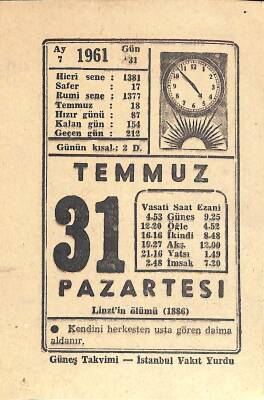 31 Temmuz 1961 Takvim Yaprağı - Doğum Günü Hediyesi EFM(N)11343 - 1