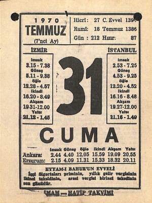 31 Temmuz 1970 Takvim Yaprağı - Doğum Günü Hediyesi EFM(N)12500 - 1