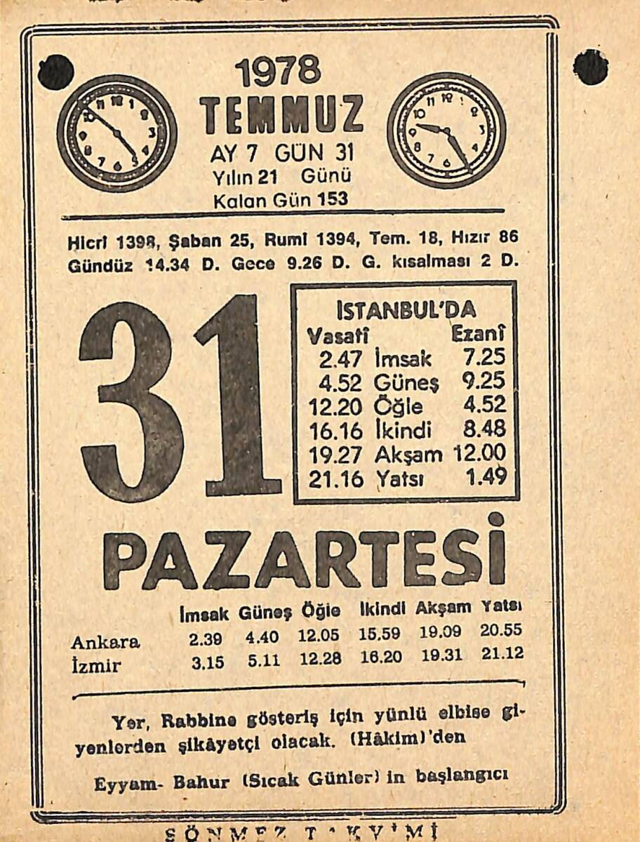 31 Temmuz 1978 Takvim Yaprağı - Doğum Günü Hediyesi EFMN15366 - 1