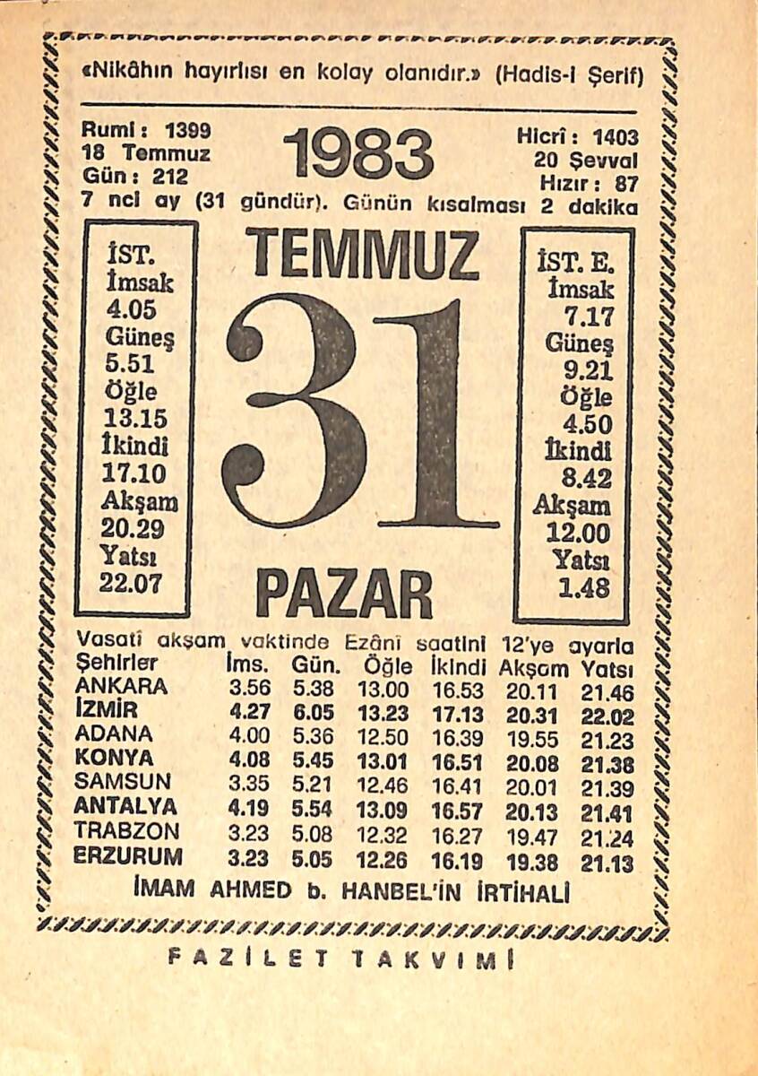 31 Temmuz 1983 Takvim Yaprağı - Doğum Günü Hediyesi EFMN15397 - 1