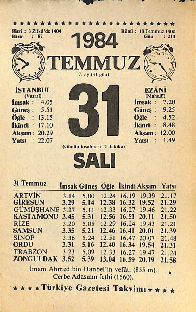 31 Temmuz 1984 Takvim Yaprağı - Doğum Günü Hediyesi EFMN15781 - 1