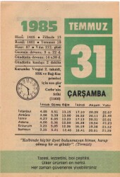 31 Temmuz 1985 Takvim Yaprağı EFM(N)2201 - 3