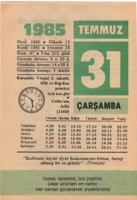 31 Temmuz 1985 Takvim Yaprağı EFM(N)2201 - 3