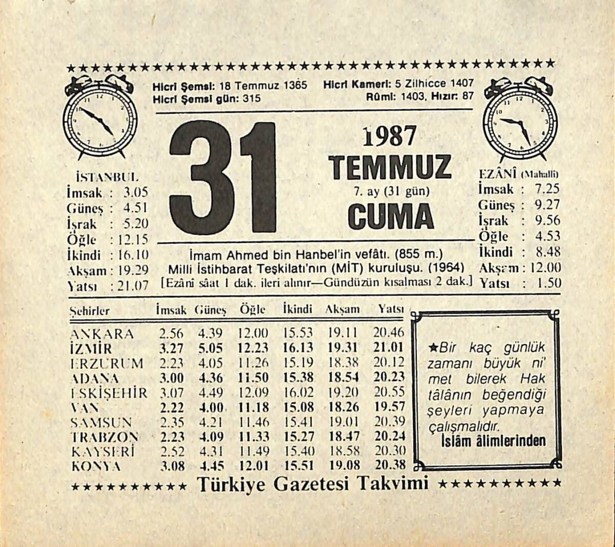31 Temmuz 1987 Takvim Yaprağı - Doğum Günü Hediyesi EFMN13843 - 1