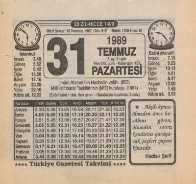 31 Temmuz 1989 Takvim Yaprağı EFM(N)2204 - 3