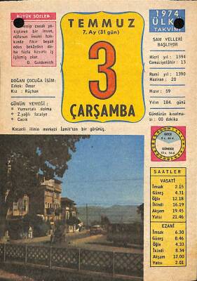 3Temmuz 1974 Takvim Yaprağı - Doğum Günü Hediyesi EFM(N)9436 - 1