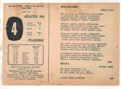 4 Ağustos 1960 Ajans Türk Takvim Yaprağı (Şiirli Saatli) EFM(N) 1682 - 4