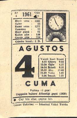 4 Ağustos 1961 Takvim Yaprağı - Doğum Günü Hediyesi EFM(N)11406 - 1