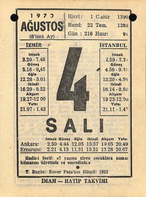 4 Ağustos 1970 Takvim Yaprağı - Doğum Günü Hediyesi EFM(N)9671 - 1