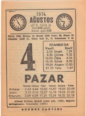 4 Ağustos 1974 Takvim Yaprağı EFM(N)2246 - 2
