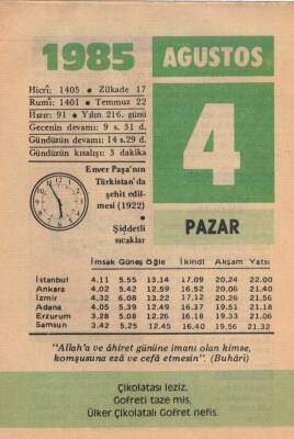 4 Ağustos 1985 Takvim Yaprağı EFM(N)2249 - 1