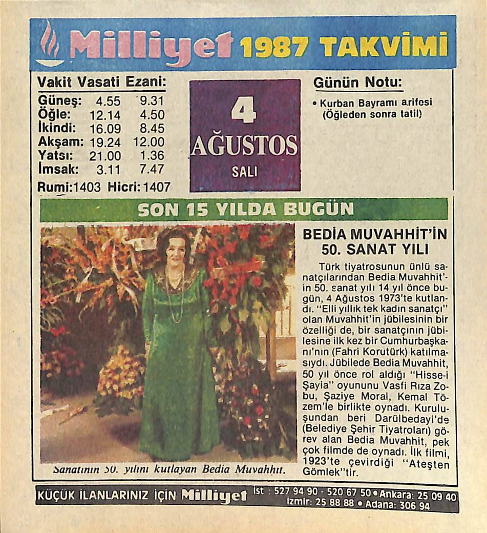 4 Ağustos 1987 Takvim Yaprağı - Doğum Günü Hediyesi EFMN14114 - 1