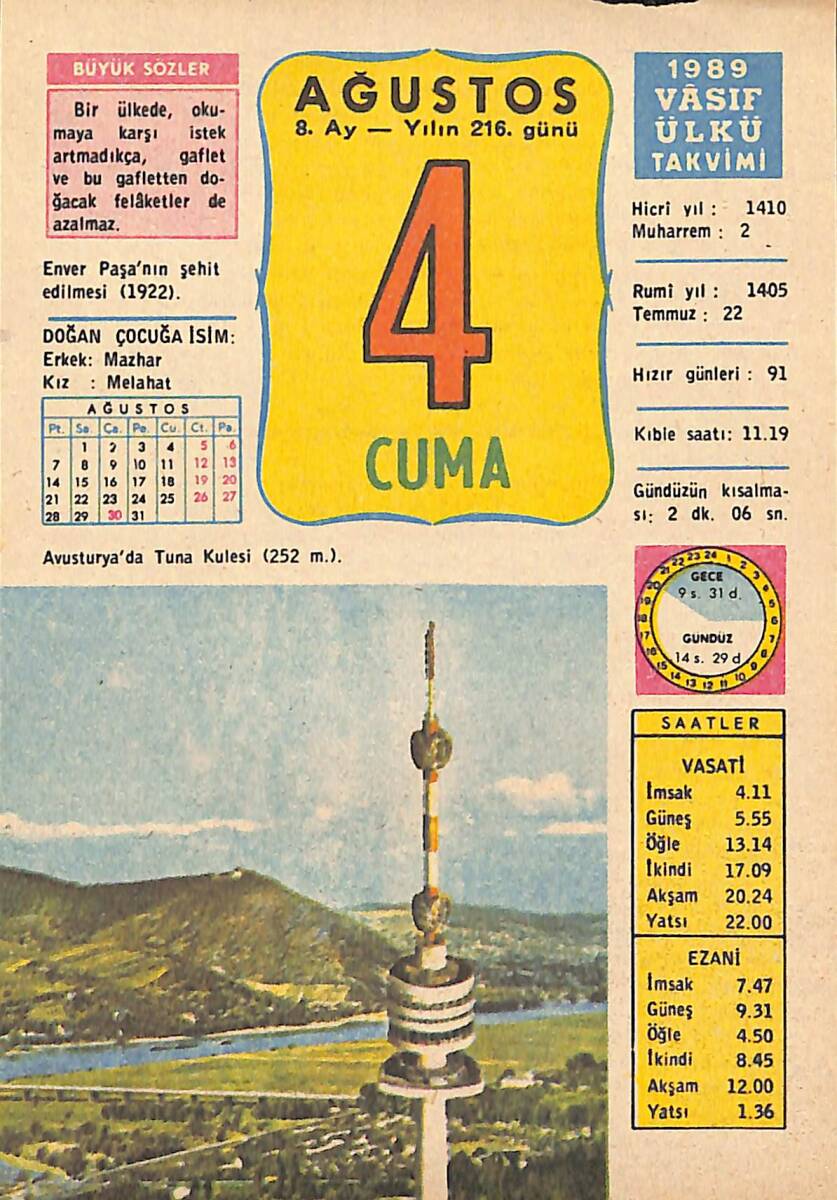 4 Ağustos 1989 Takvim Yaprağı - Doğum Günü Hediyesi EFMN13500 - 1