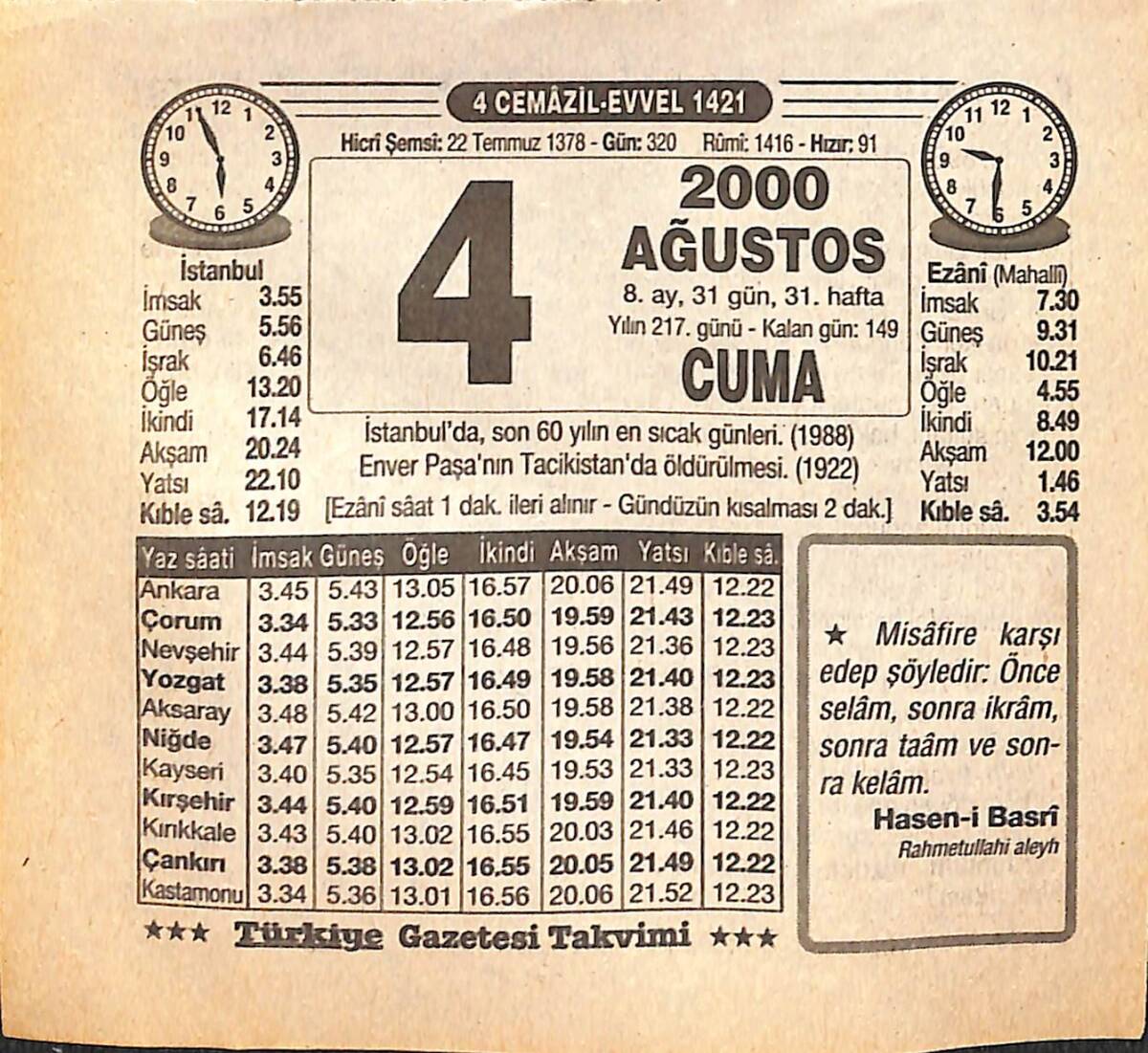 4 Ağustos 2000 Takvim Yaprağı - Doğum Günü Hediyesi EFMN14287 - 1