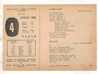 4 Aralık 1960 Ajans Türk Takvim Yaprağı (Şiirli Saatli) EFM(N) 1800 - 2