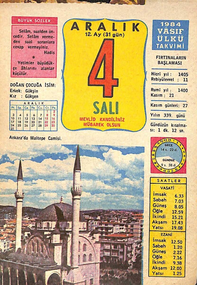 4 Aralık 1984 Takvim Yaprağı - Doğum Günü Hediyesi EFMN14777 - 1