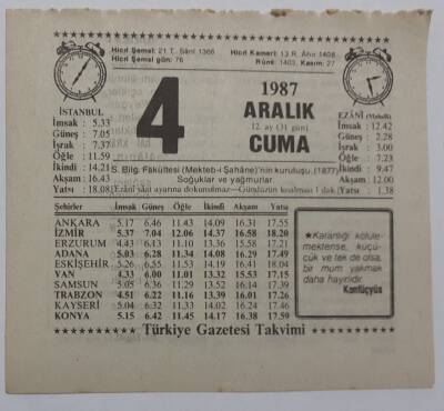 4 Aralık 1987 Takvim Yaprağı - Doğum Günü Hediyesi EFM(N)7173 - 1