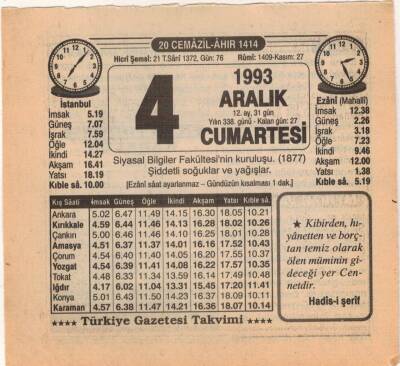 4 Aralık 1993 Takvim Yaprağı EFM(N)4225 - 2
