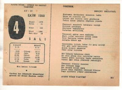 4 Ekim 1960 Ajans Türk Takvim Yaprağı (Şiirli Saatli) EFM(N) 1741 - 4