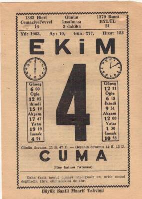 4 Ekim 1963 Takvim Yaprağı EFM(N)3518 - 1
