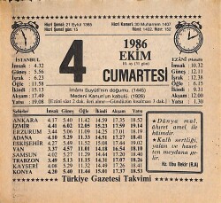 4 Ekim 1986 Takvim Yaprağı - Doğum Günü Hediyesi EFMN14927 - Gökçekoleksiyon