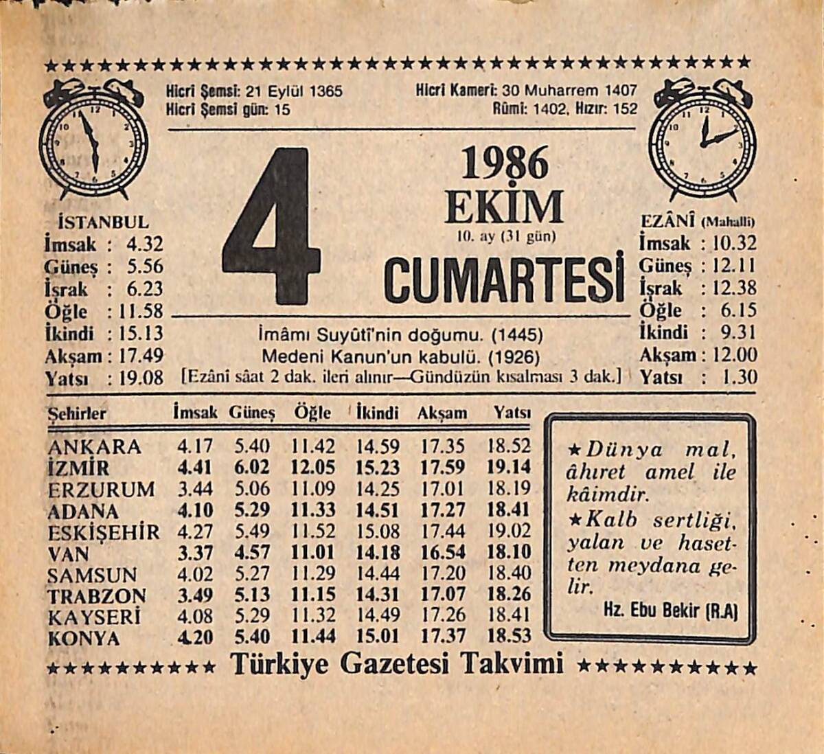 4 Ekim 1986 Takvim Yaprağı - Doğum Günü Hediyesi EFMN14927 - 1
