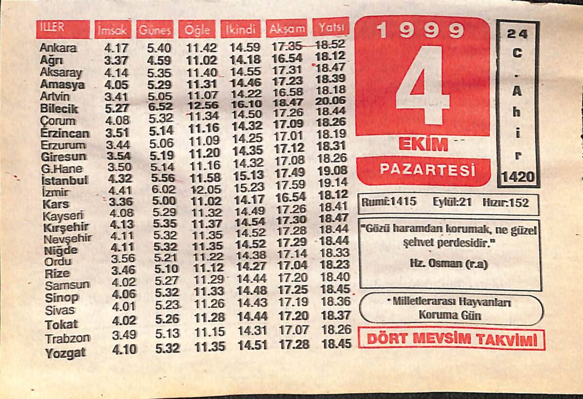 4 Ekim 1999 Takvim Yaprağı - Doğum Günü Hediyesi EFMN14083 - 1