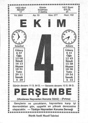 4 Ekim 2001 Takvim Yaprağı - Doğum Günü Hediyesi EFM(N)10471 - 2