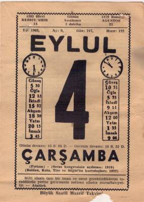 4 Eylül 1963 Takvim Yaprağı EFM(N)3505 - 3