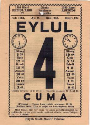 4 Eylül 1964 Takvim Yaprağı EFM(N)3509 - 1