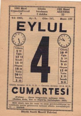 4 Eylül 1965 Takvim Yaprağı EFM(N)3507 - 1