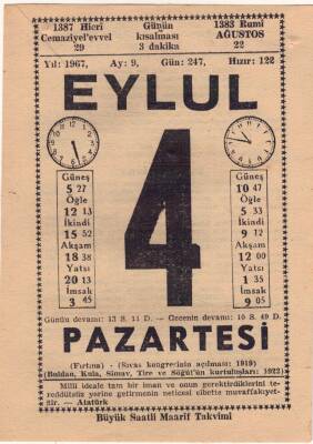 4 Eylül 1967 Takvim Yaprağı EFM(N)3508 - 1