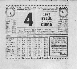 4 Eylül 1987 Takvim Yaprağı - Doğum Günü Hediyesi EFMN13939 - Gökçekoleksiyon