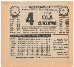 4 Eylül 1993 Takvim Yaprağı EFM(N)2623 - 2