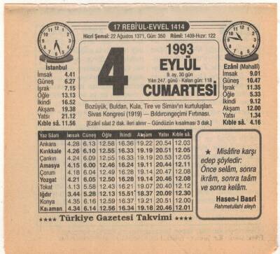 4 Eylül 1993 Takvim Yaprağı EFM(N)2623 - 2