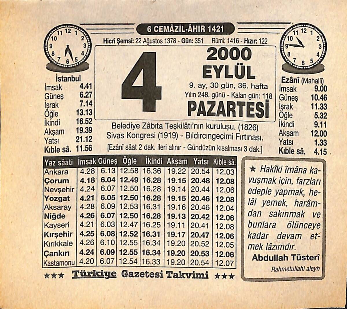4 Eylül 2000 Takvim Yaprağı - Doğum Günü Hediyesi EFMN14256 - 1