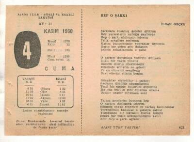 4 Kasım 1960 Ajans Türk Takvim Yaprağı (Şiirli Saatli) EFM(N) 1770 - 2