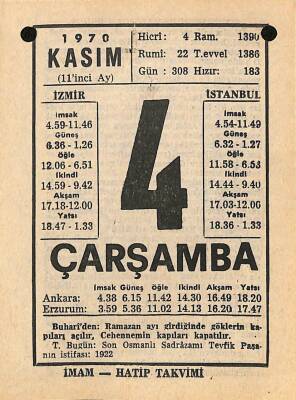 4 Kasım 1970 Takvim Yaprağı - Doğum Günü Hediyesi EFM(N)10736 - 1